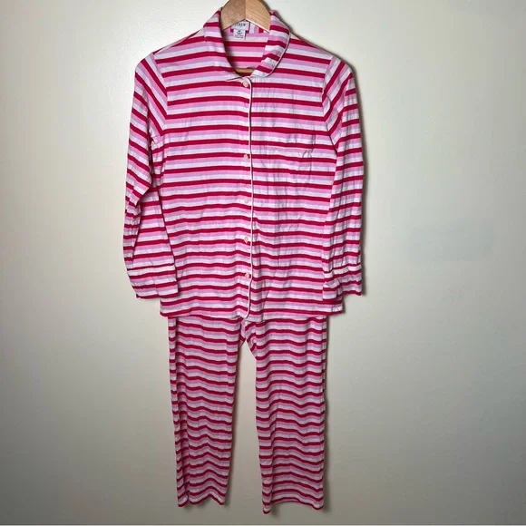 J.Crew 100% Cotton Pink Red Striped Knit Pajama Set Pants Long Sleeve Medium (P) - Picture 2 of 13